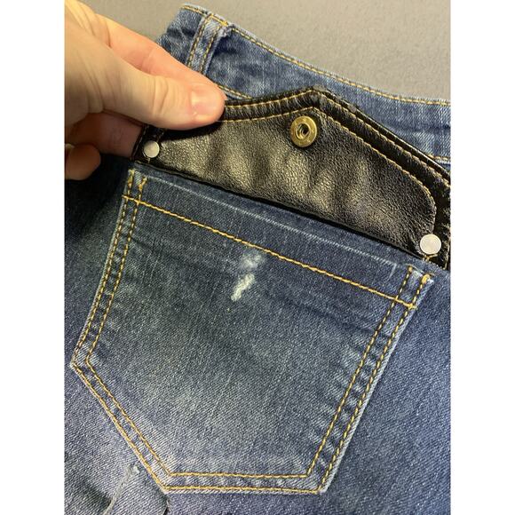 COOGI Frayed Fringe Embroidered Cut-off Jeans Leather Patchwork Y2K Grunge - Picture 12 of 15